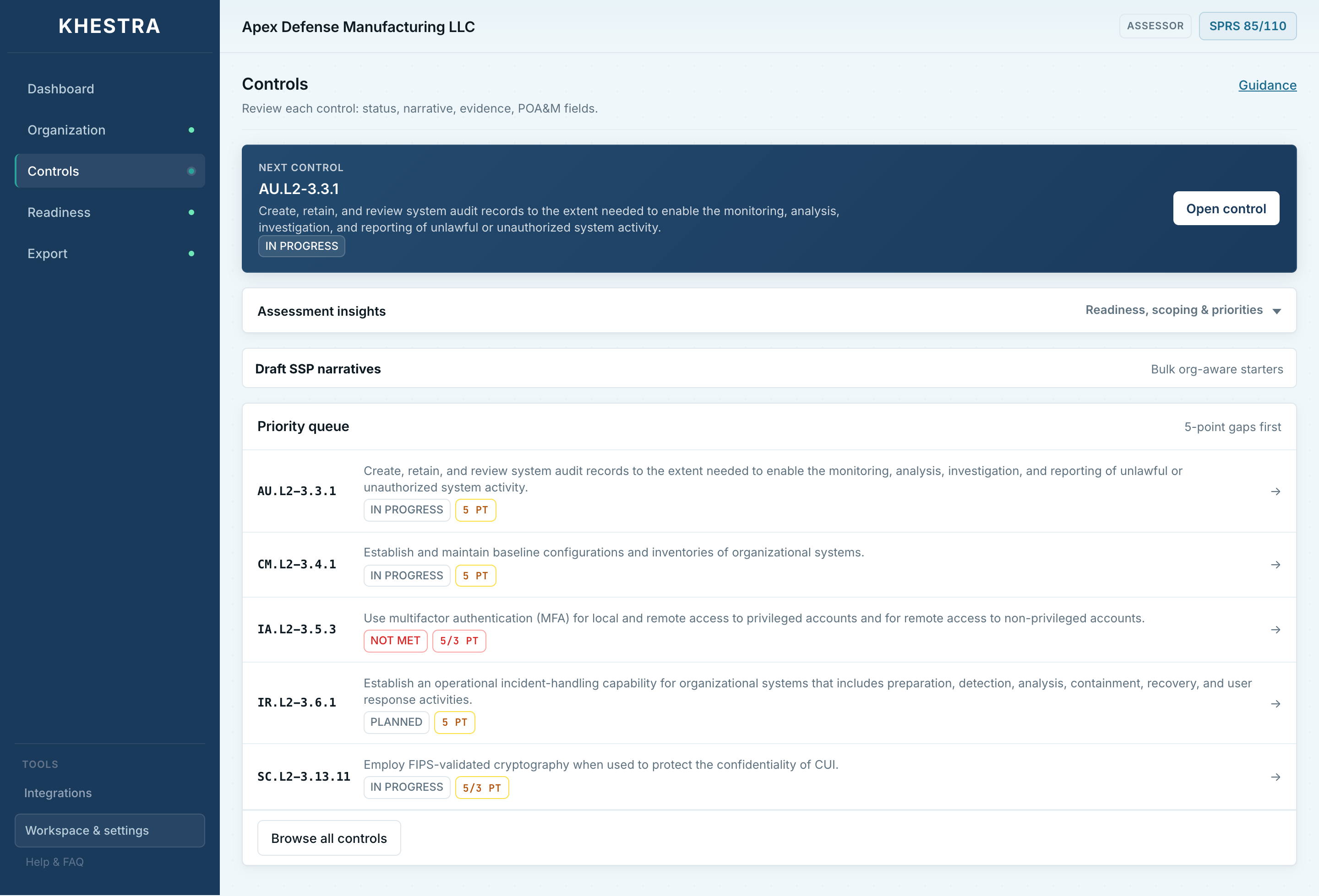 Khestra controls assessment view