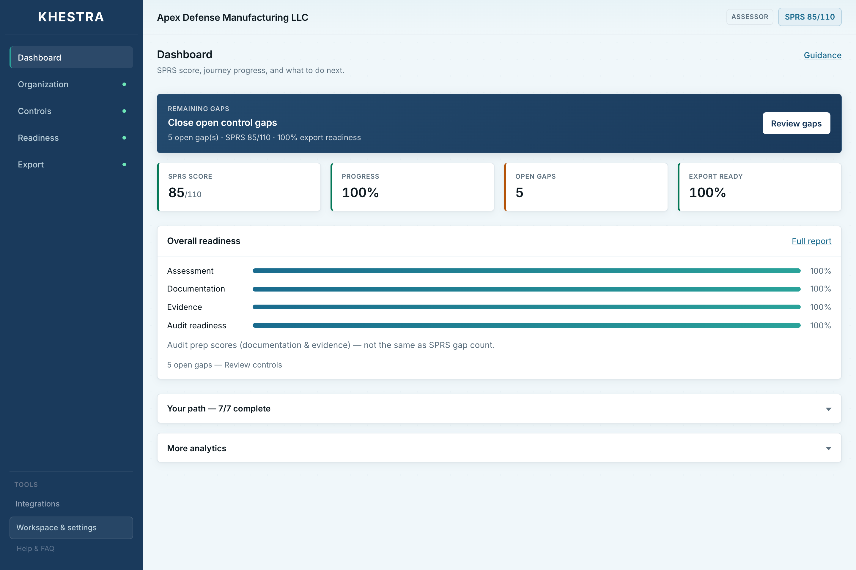 Khestra dashboard showing SPRS score, readiness progress, and next actions
